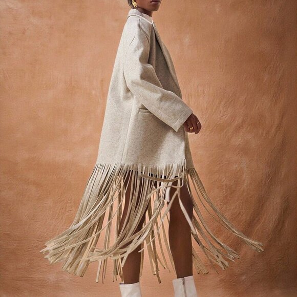 Light Grey Casual Women's Long Sleeves Fringed Hem Tweed Coat - Picture 3 of 8